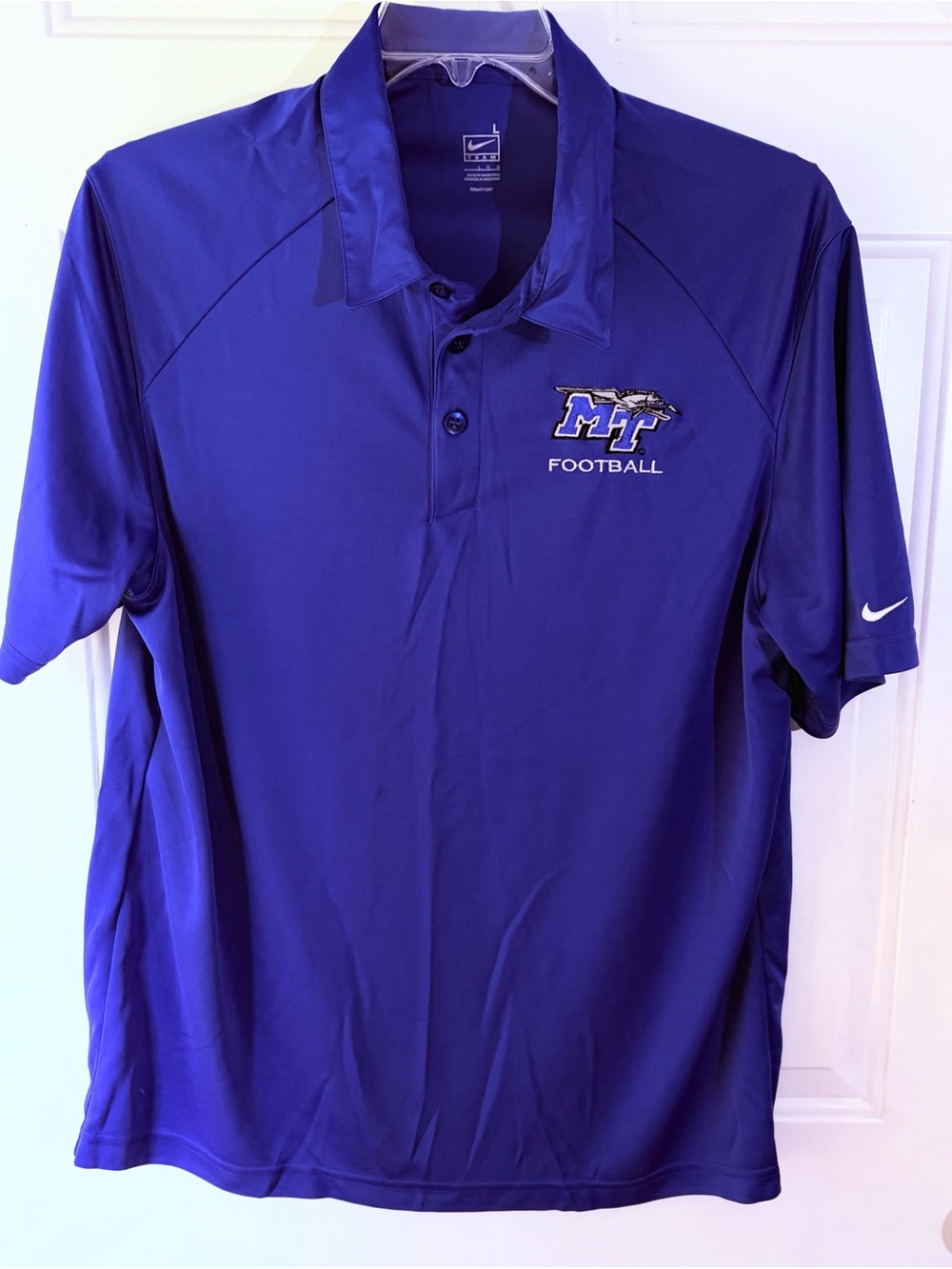 Nike Team MTSU Blue Raiders Football Polo Shirt Men's Large Royal Blue Fit Dry